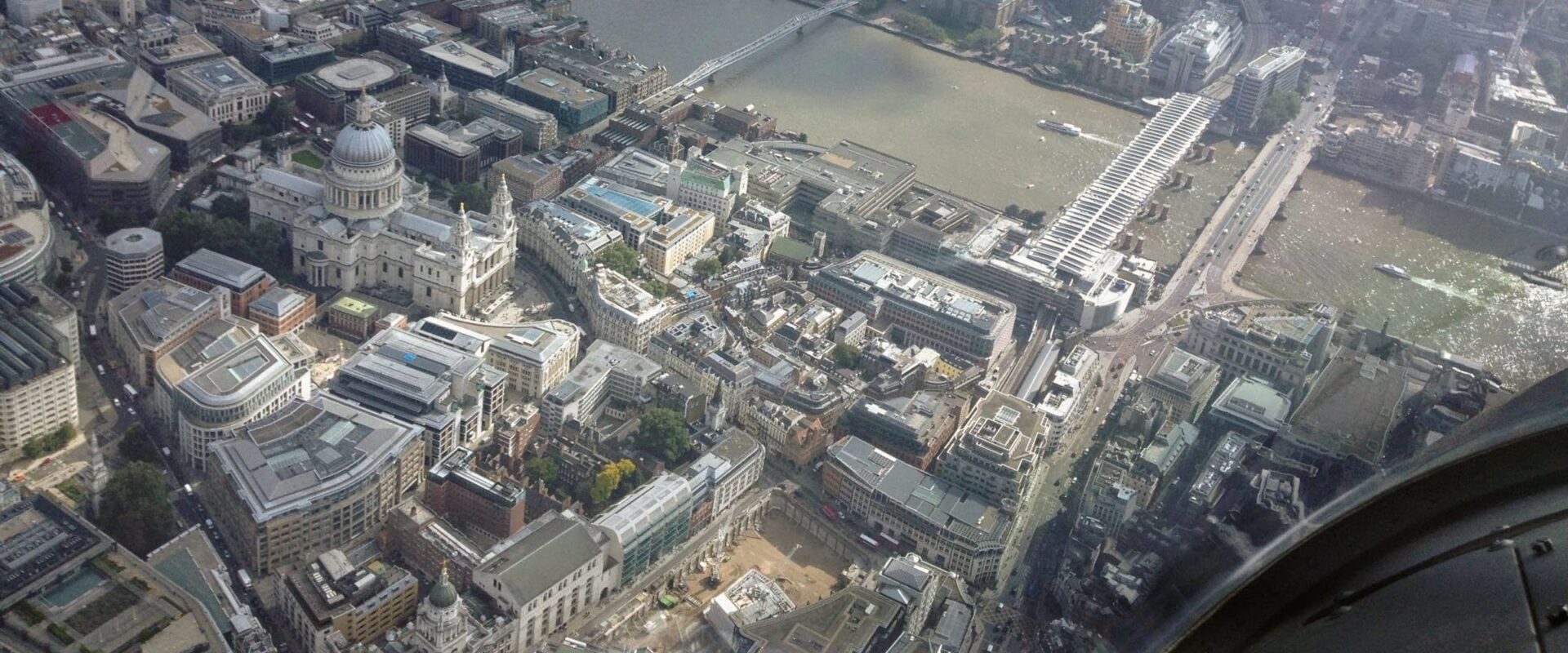 Aerial view of St Paul’s Cathedral, the Millennium Bridge and the River Thames in central London, seen from a helicopter