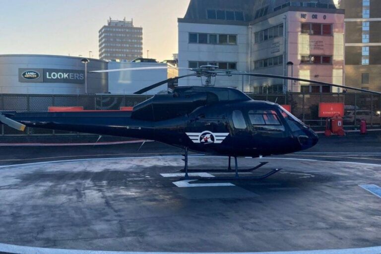 Eurocopter AS355 Twin Squirrel helicopter on the pad at London Heliport in Battersea