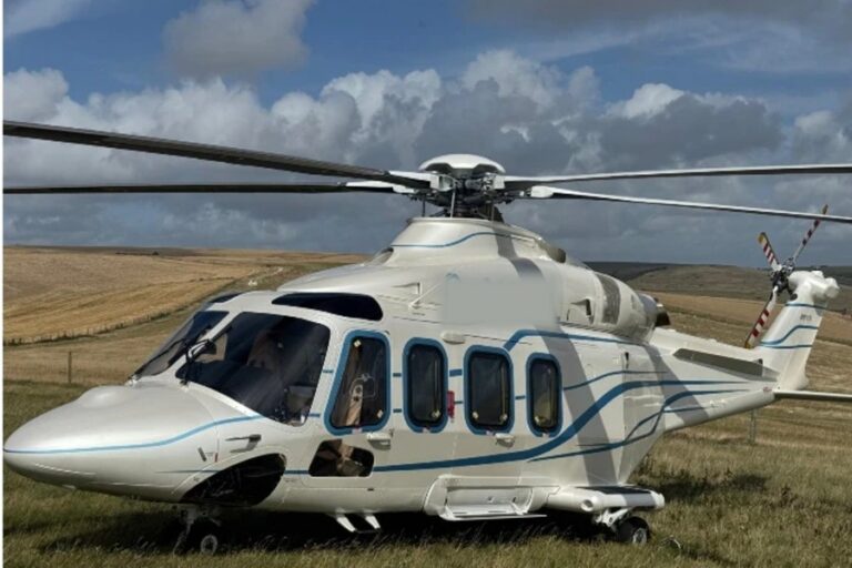Leonardo AW139 VIP twin-engine helicopter on a private landing site, available for charter from London