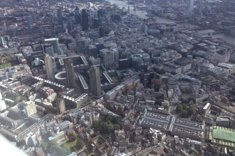 Aerial view of the office towers of the City of London from a helicopter