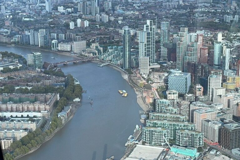 Aerial view of the River Thames and Battersea from a helicopter flight over London